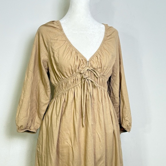 Target Universal Thread Linen Prairie Milkmaid Peasant Midi V Neck Dress Wheat S - Picture 9 of 15